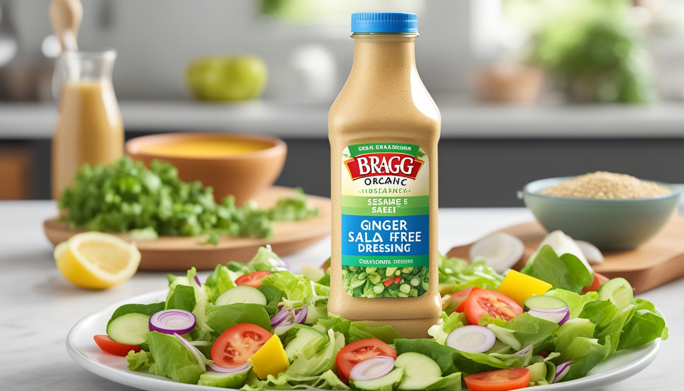 A bottle of Bragg Organic Ginger & Sesame Salad Dressing surrounded by fresh salad ingredients, with a banner listing "6 best sugar-free salad dressings for diabetics" in the background