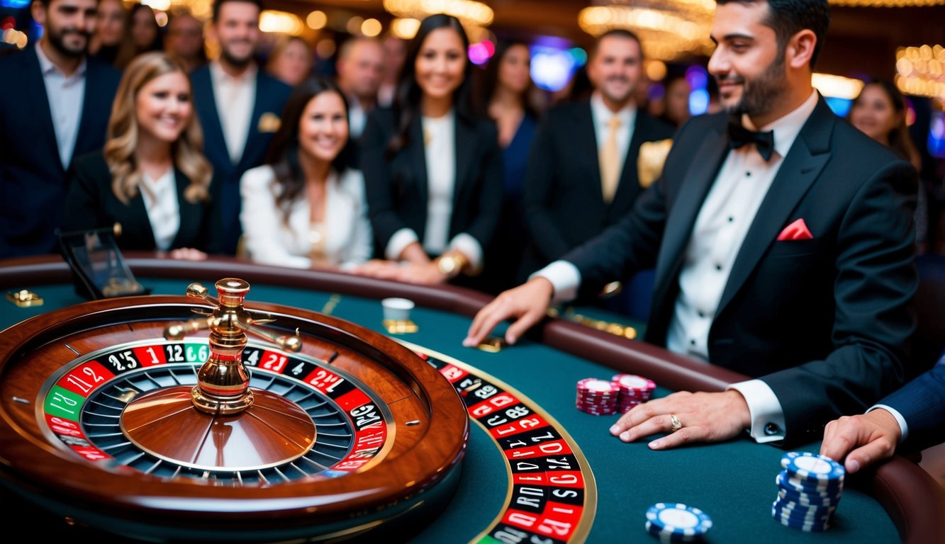 Roda roulette yang berputar dengan slot bernomor merah dan hitam, dikelilingi oleh kerumunan penonton dan seorang dealer di meja kasino