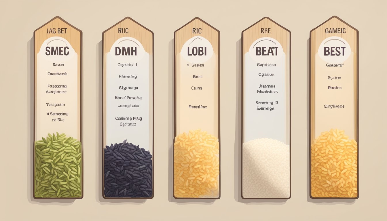 A variety of rice grains arranged in a neat row, with labels indicating "Jasmine Rice" and "8 best low-glycemic index rice options for diabetics."