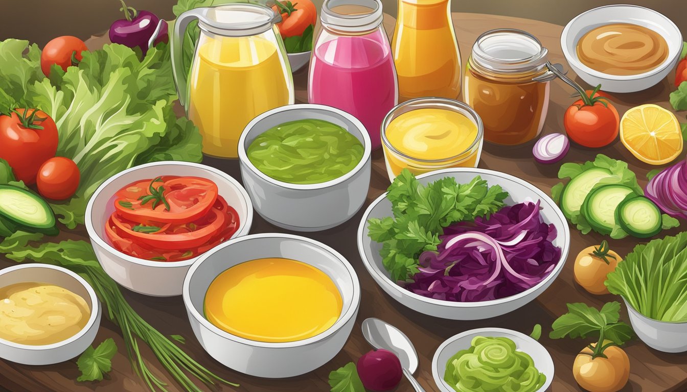 A colorful array of salad dressings arranged on a table, with fresh vegetables and vibrant greens in the background