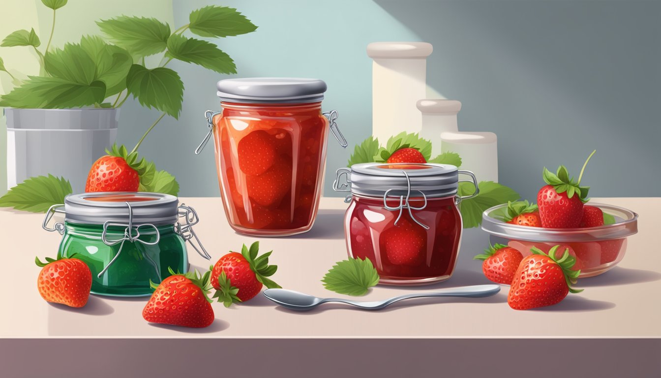 A table with five jars of sugar-free jam and jelly surrounded by fresh strawberries and a spoon