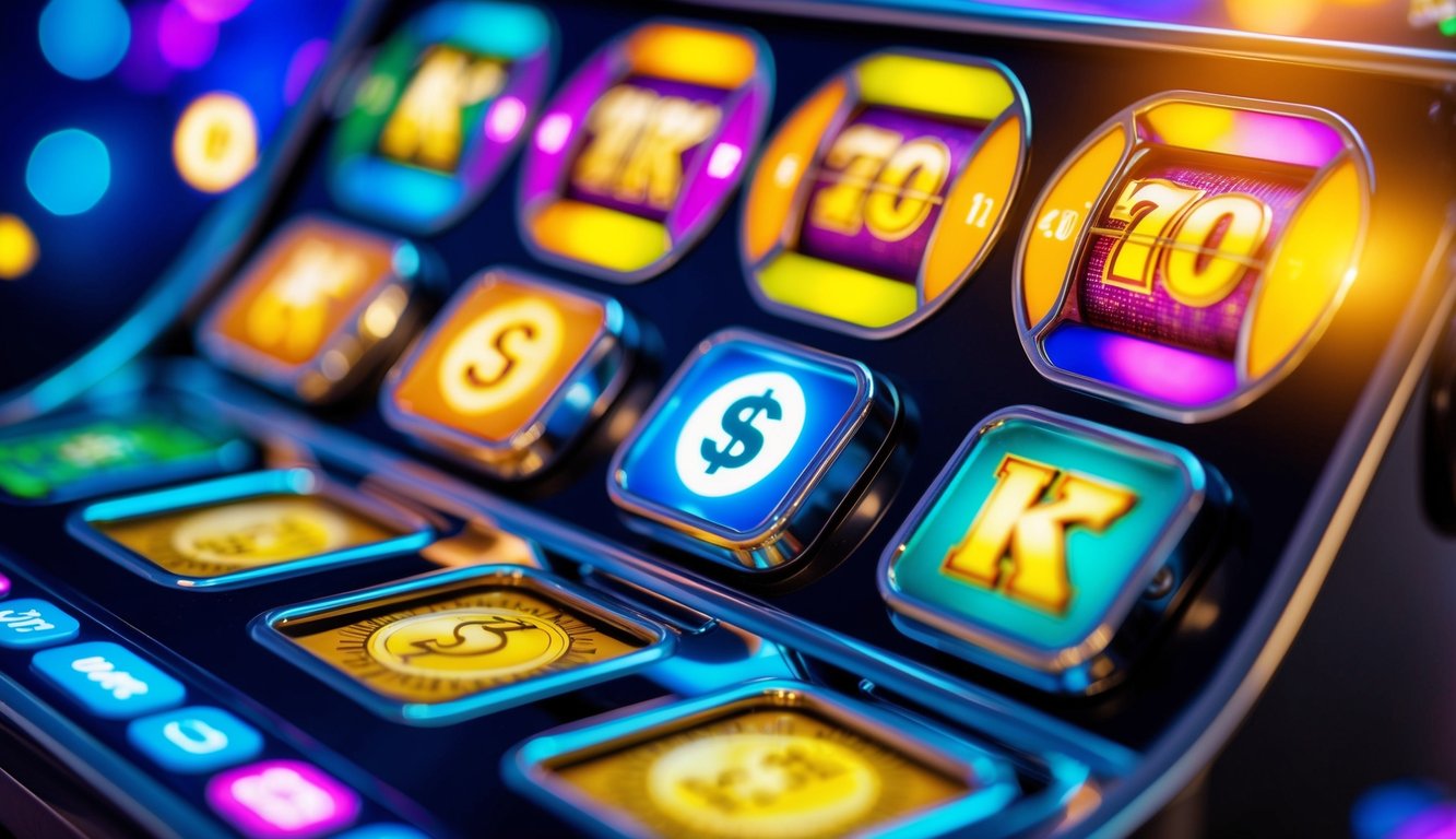 Sebuah mesin slot online yang berwarna-warni dengan tombol deposit yang berdenyut, dikelilingi oleh simbol mata uang digital dan grafik yang cerah