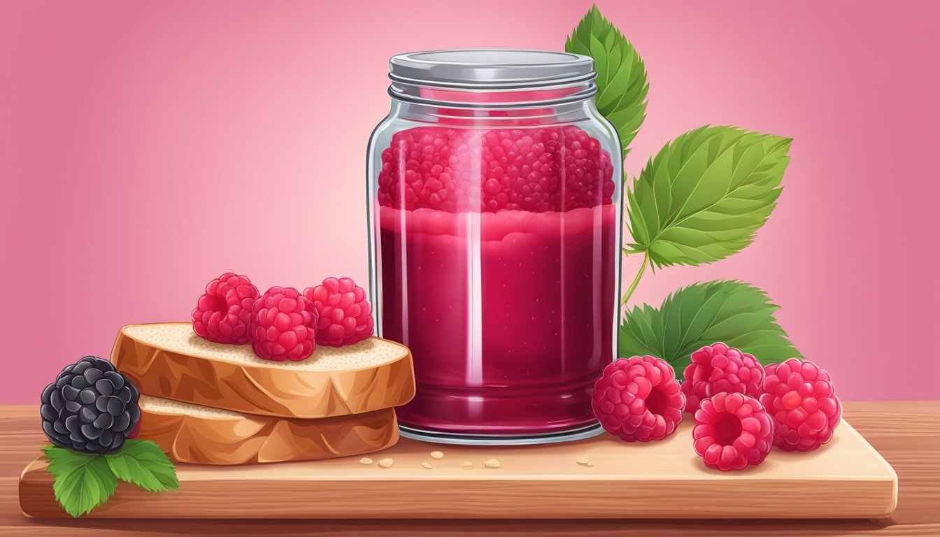 A jar of Nature's Hollow Sugar-Free Raspberry Jelly surrounded by fresh raspberries and a slice of whole grain bread on a wooden cutting board