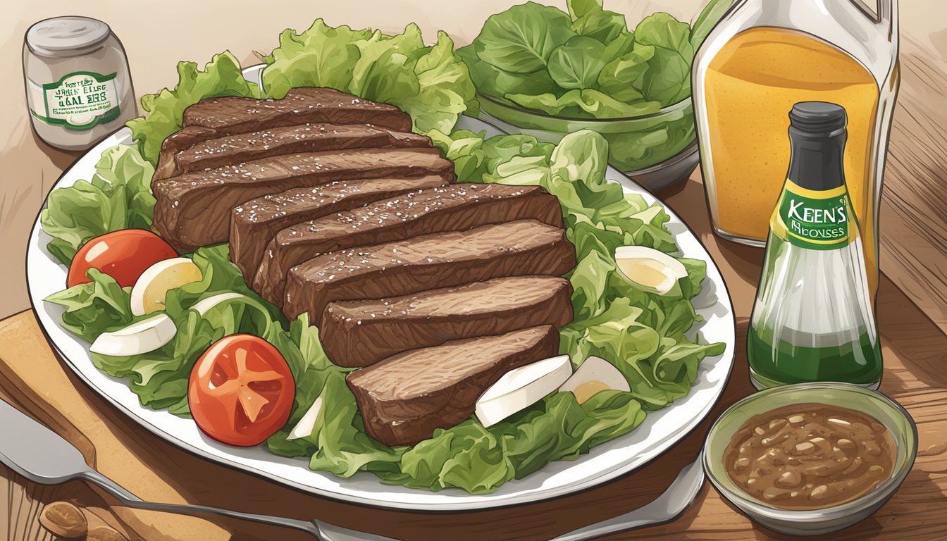 A bottle of Ken's Steak House Lite Northern Italian Dressing surrounded by fresh salad ingredients and a sugar-free label