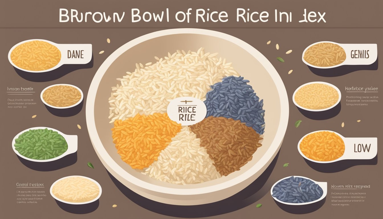 A bowl of brown rice surrounded by 7 different types of low-glycemic index rice, each labeled with their respective names