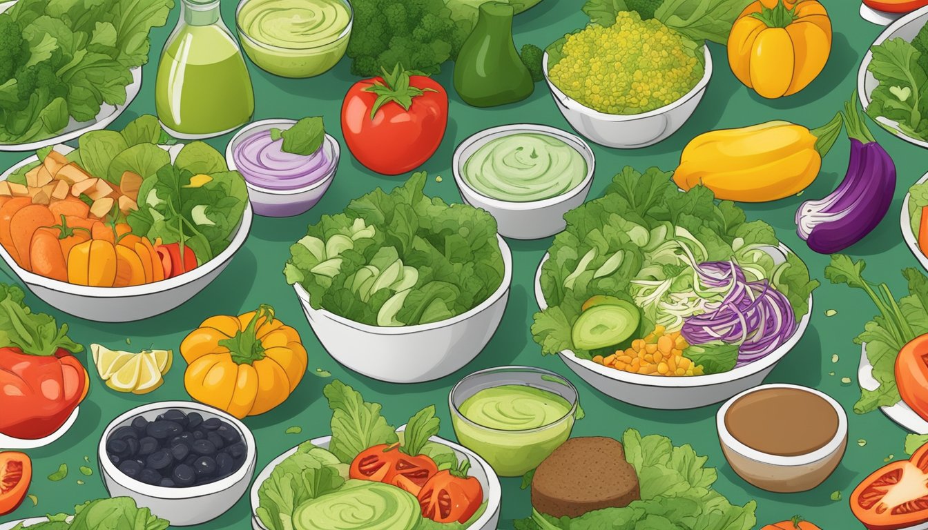 A vibrant salad bowl topped with Primal Kitchen Green Goddess Dressing, surrounded by fresh, colorful vegetables and a variety of sugar-free dressings