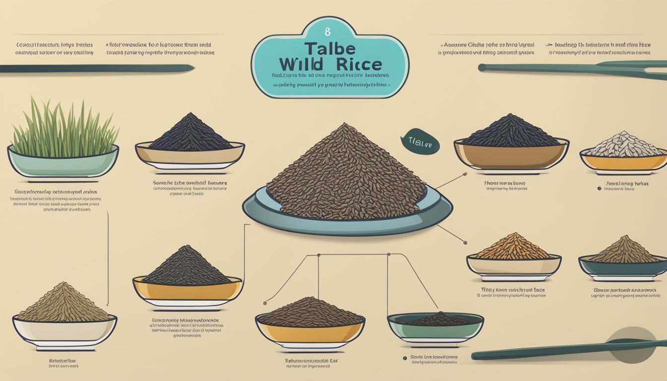 A table with 8 varieties of wild rice arranged in a line, each labeled with their low-glycemic index value