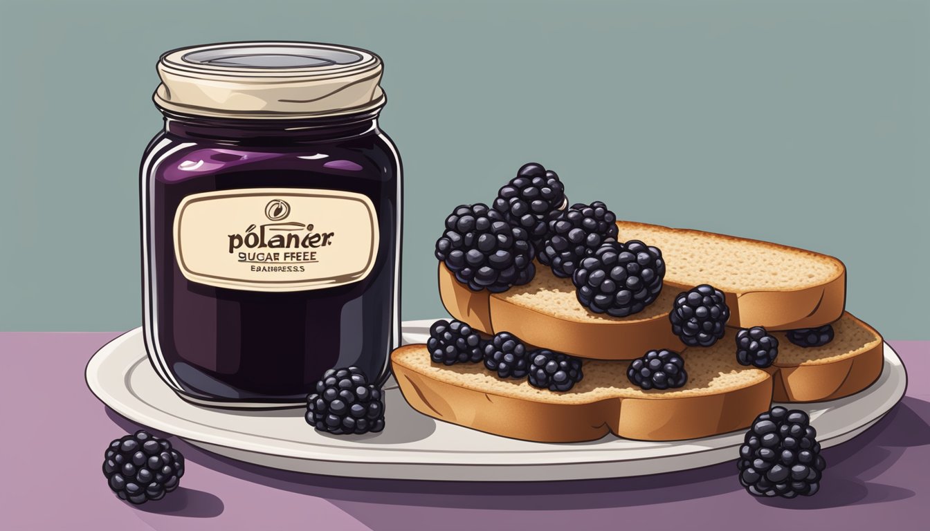 A jar of Polaner Sugar-Free with Fiber Blackberry Preserves surrounded by fresh blackberries and a slice of whole wheat toast