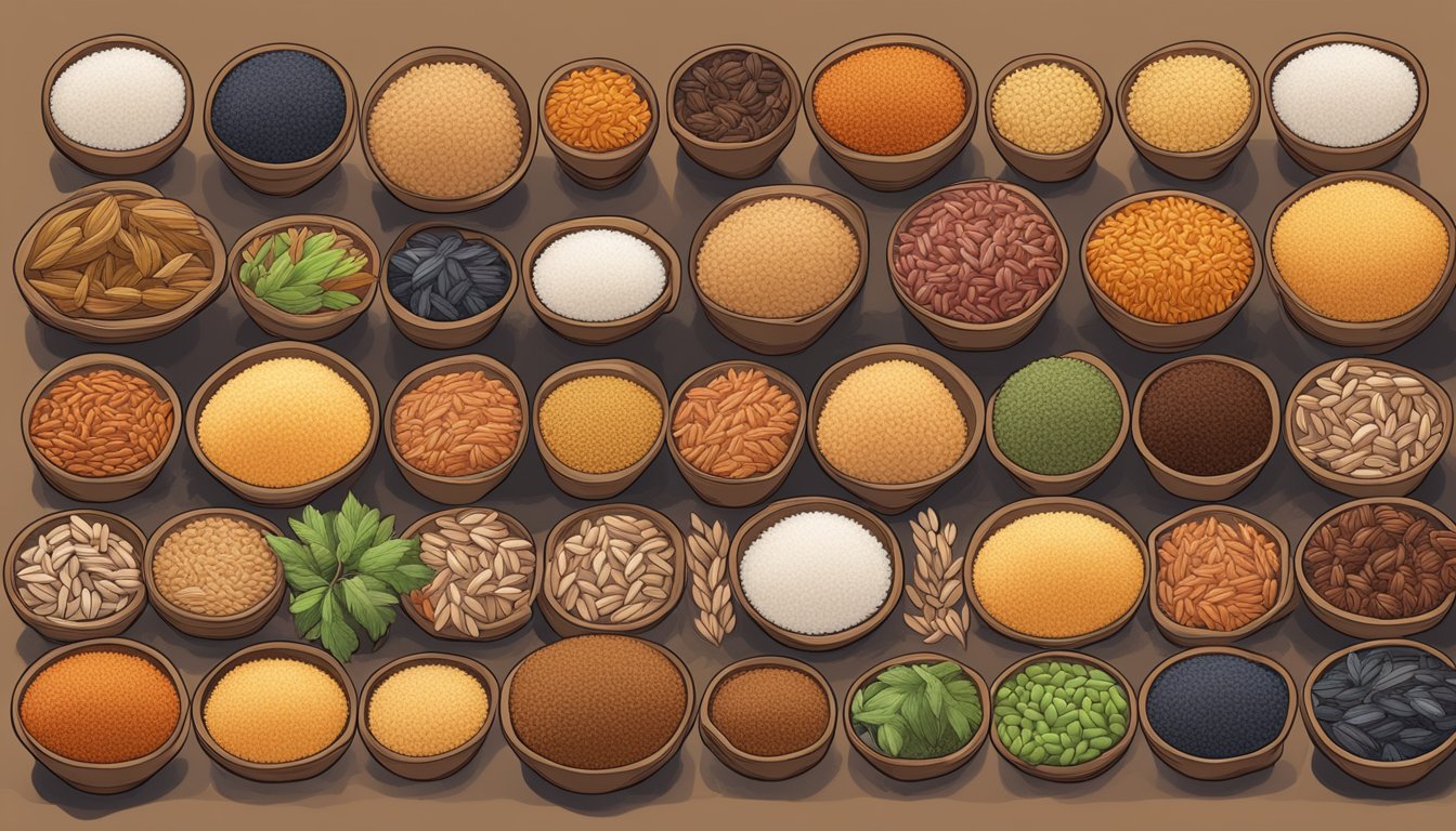 A colorful array of Camargue red rice and other low-glycemic index rice varieties arranged in a visually appealing manner