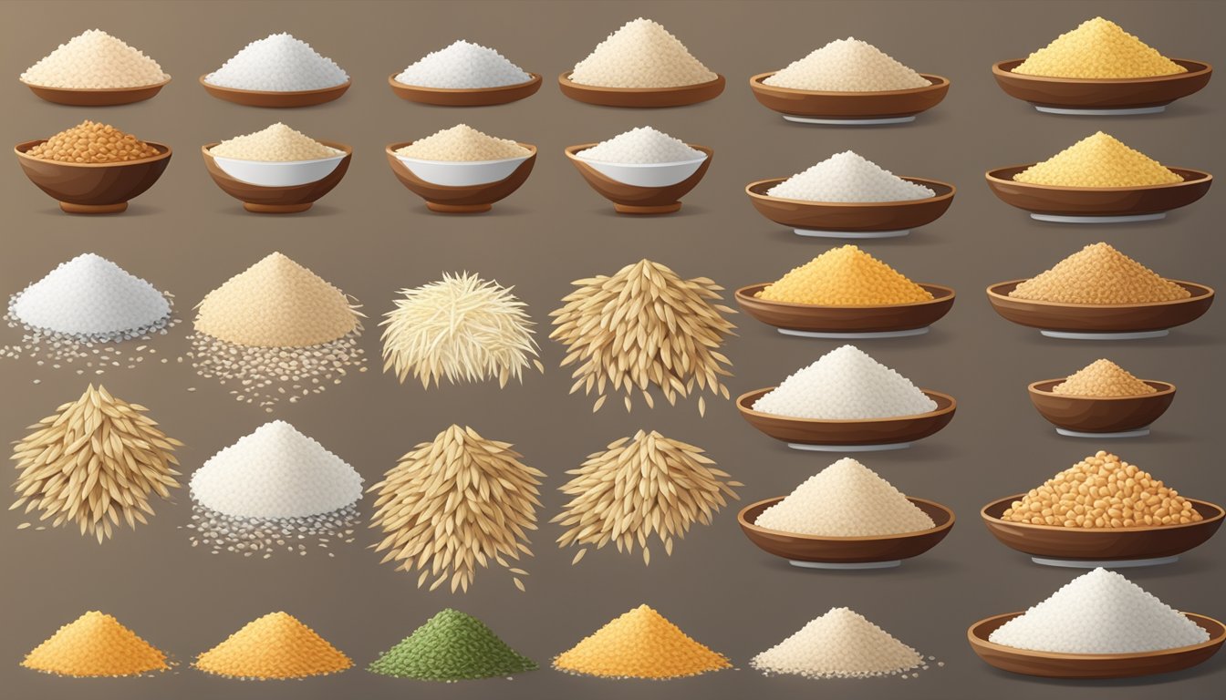 A table with eight different types of rice arranged in a row, each labeled with its name and a small pile of grains next to it