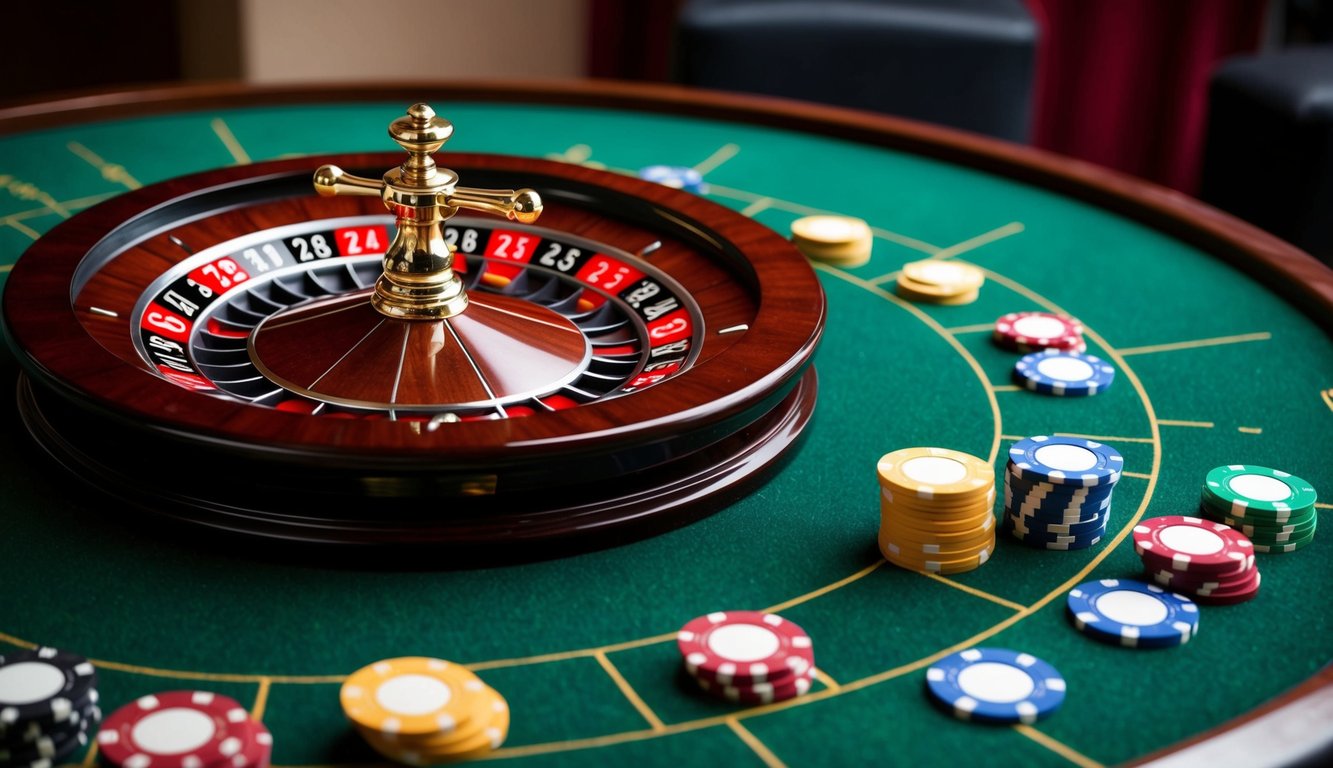 Sebuah roda roulette berputar di atas meja felt hijau dengan chip berwarna-warni yang tersebar di sekitarnya