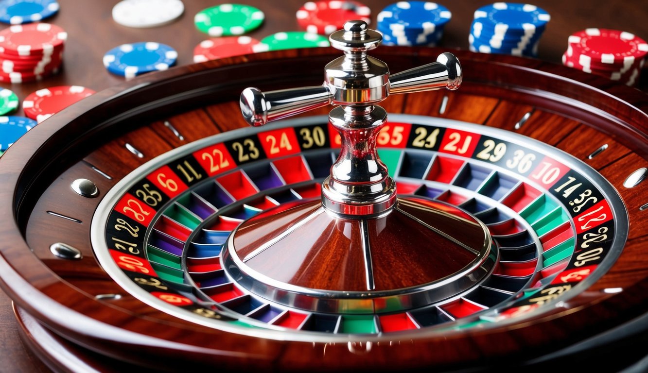 Roda roulette berputar dengan chip berwarna-warni yang tersebar di sekitarnya