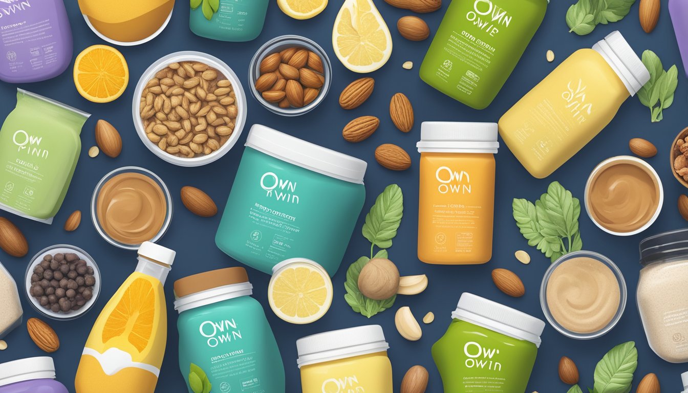 A colorful array of OWYN Plant-Based Protein Powder tubs surrounded by various diabetic-friendly ingredients like nuts, seeds, and fruits