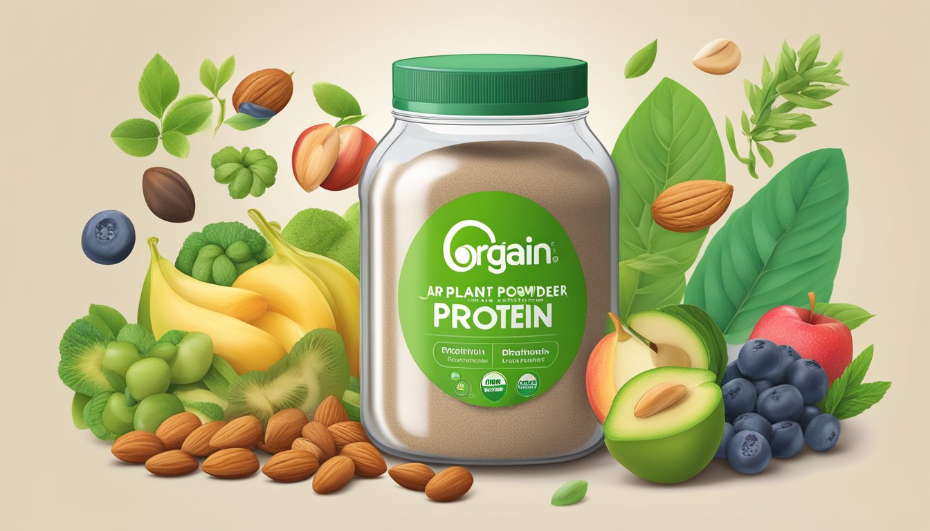 A jar of Orgain Organic Plant-Based Protein Powder surrounded by a variety of diabetic-friendly ingredients such as nuts, seeds, and fruits