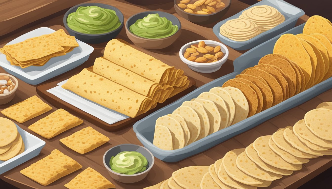 A table with a variety of almond flour tortillas arranged in a visually appealing manner, with a focus on their low-carb and diabetic-friendly qualities