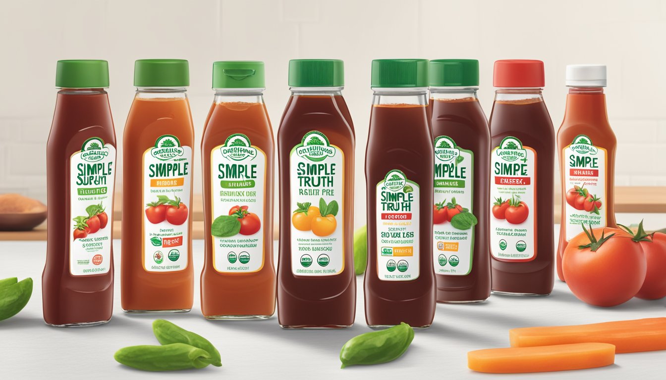 A bottle of Simple Truth Organic No Sugar Added Ketchup surrounded by four other sugar-free ketchup bottles, all arranged neatly on a clean, white surface