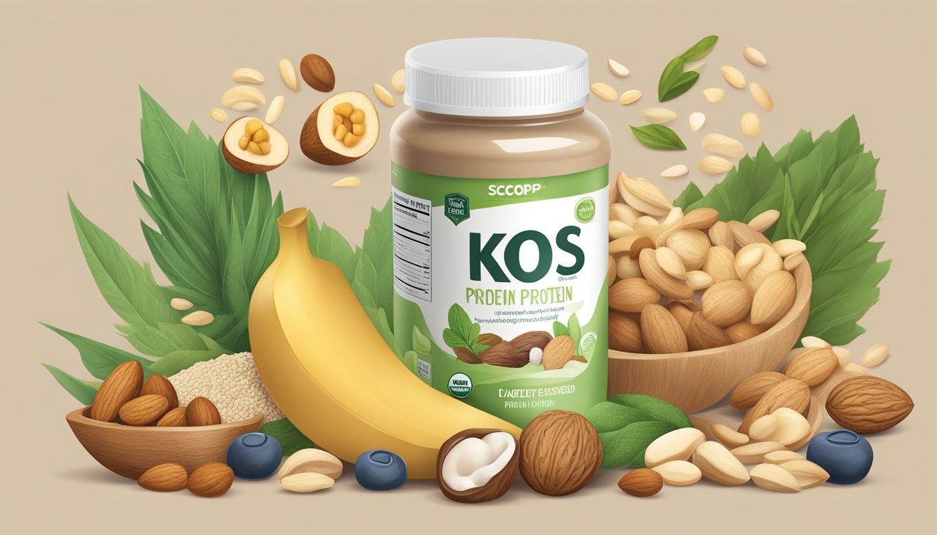 A scoop of KOS Organic Plant-Based Protein Powder surrounded by various diabetic-friendly ingredients like nuts, seeds, and fruits