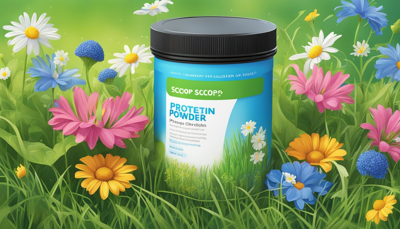 A scoop of protein powder sits atop a bed of fresh green grass, surrounded by vibrant wildflowers and a clear blue sky