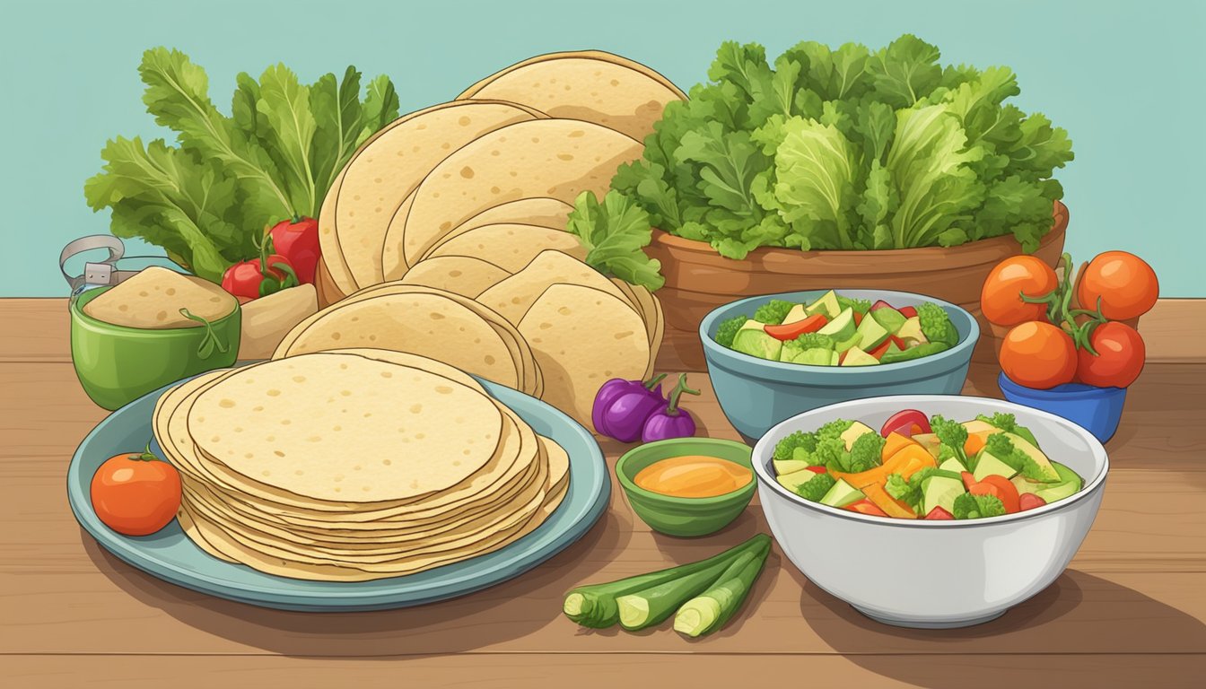 A table with a variety of low-carb tortillas, surrounded by fresh vegetables and a measuring tape