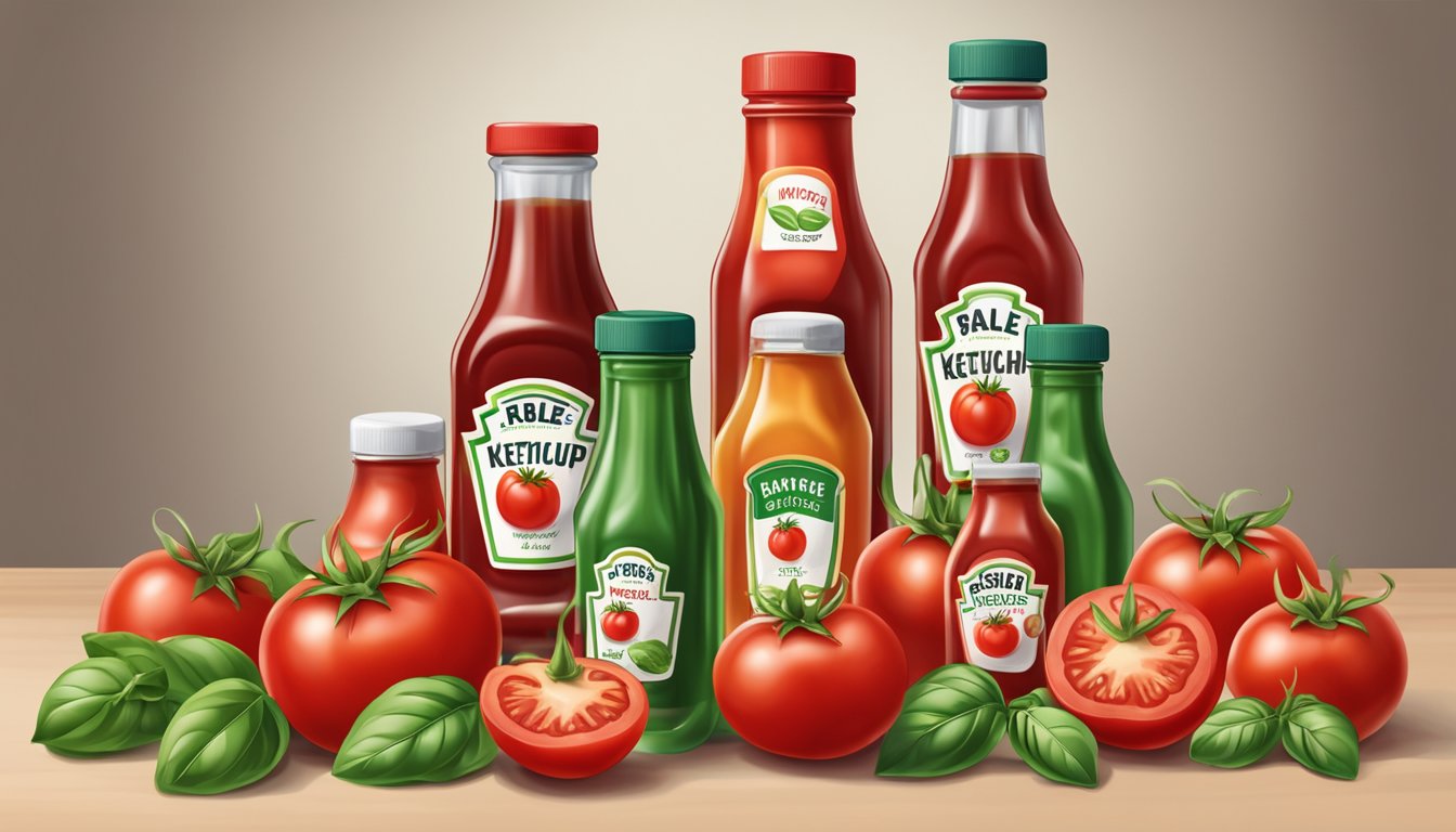 A table with 5 bottles of sugar-free ketchup surrounded by fresh tomatoes and basil leaves