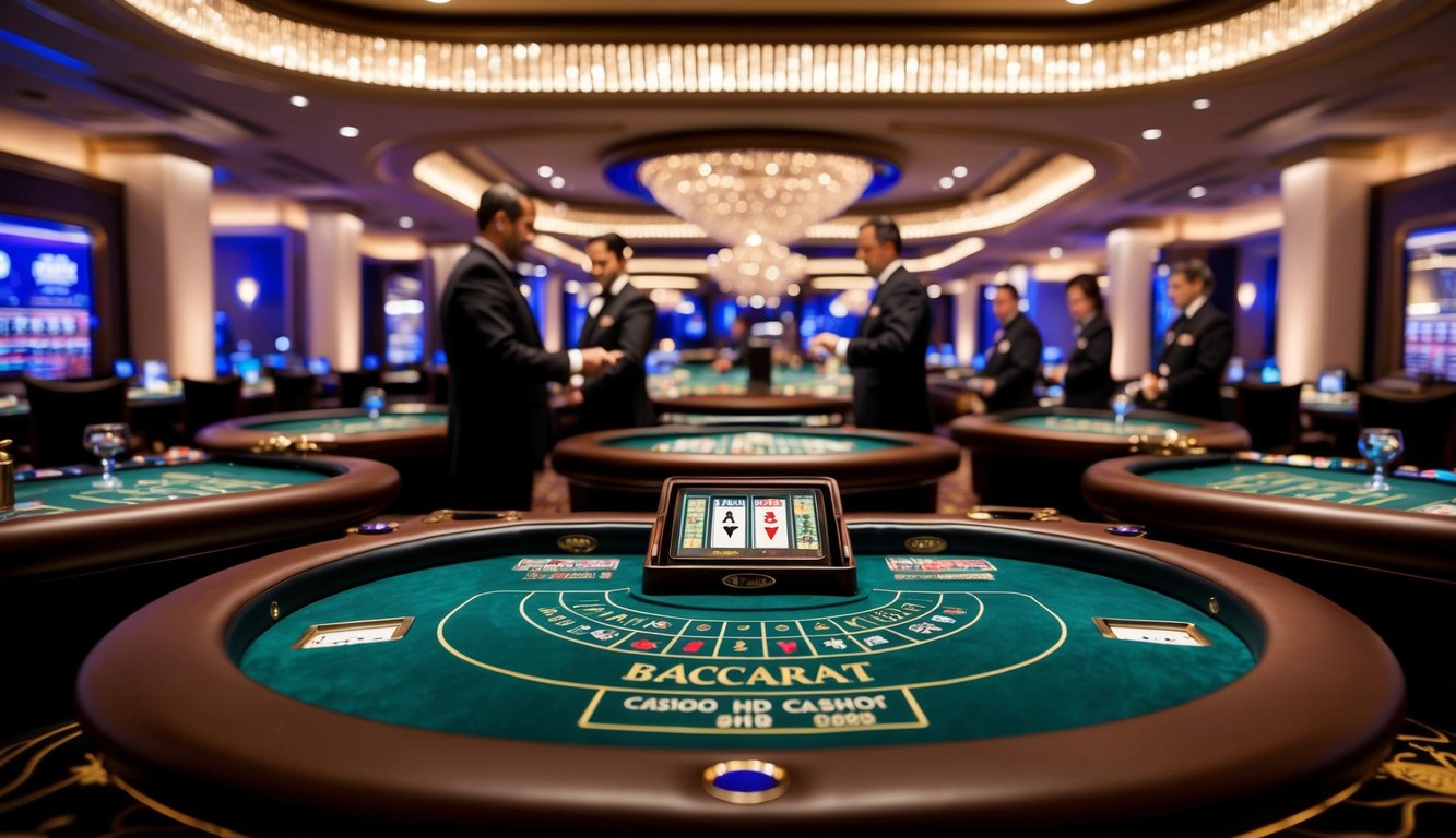 Sebuah meja baccarat mewah dengan streaming HD waktu nyata, dikelilingi oleh dekorasi kasino yang elegan dan dealer profesional