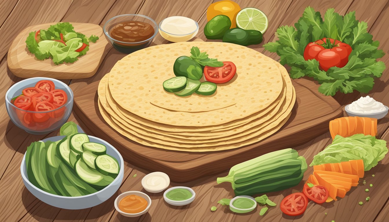 A colorful array of low-carb tortillas arranged on a wooden cutting board, surrounded by fresh vegetables and lean protein options