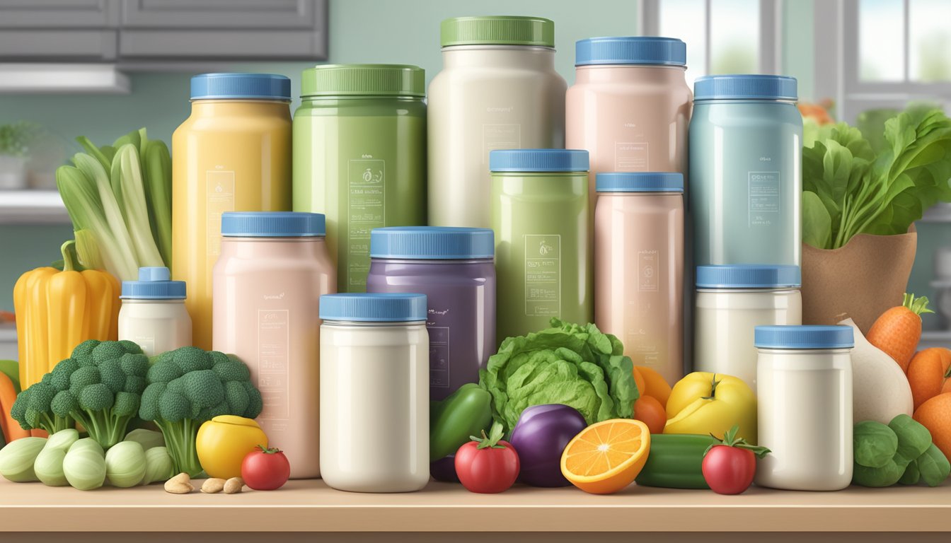 A variety of protein powder containers arranged on a kitchen counter, surrounded by fresh fruits and vegetables