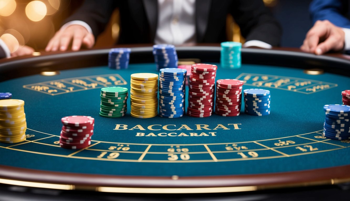 Sebuah meja baccarat mewah dikelilingi oleh tumpukan chip berwarna-warni dan antarmuka modern yang ramping untuk permainan online