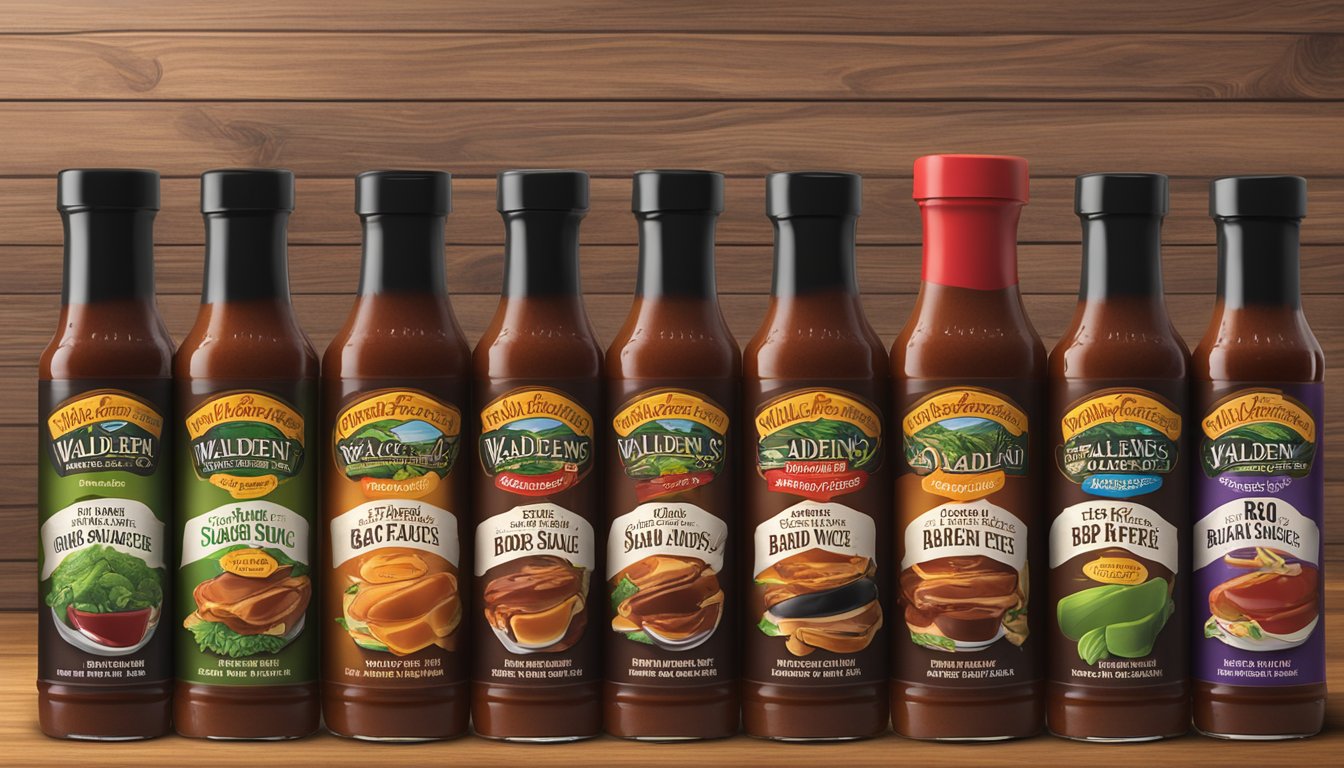 A bottle of Walden Farms Original BBQ Sauce surrounded by six other sugar-free BBQ sauce bottles on a wooden table