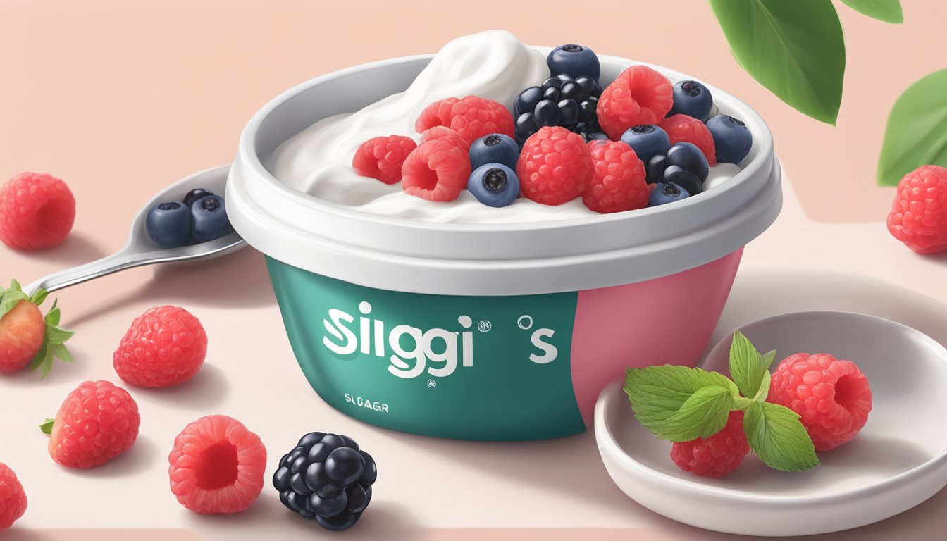 A spoonful of Siggi's Icelandic Yogurt 0% Sugar Added being scooped out of a container, with a few fresh berries on the side