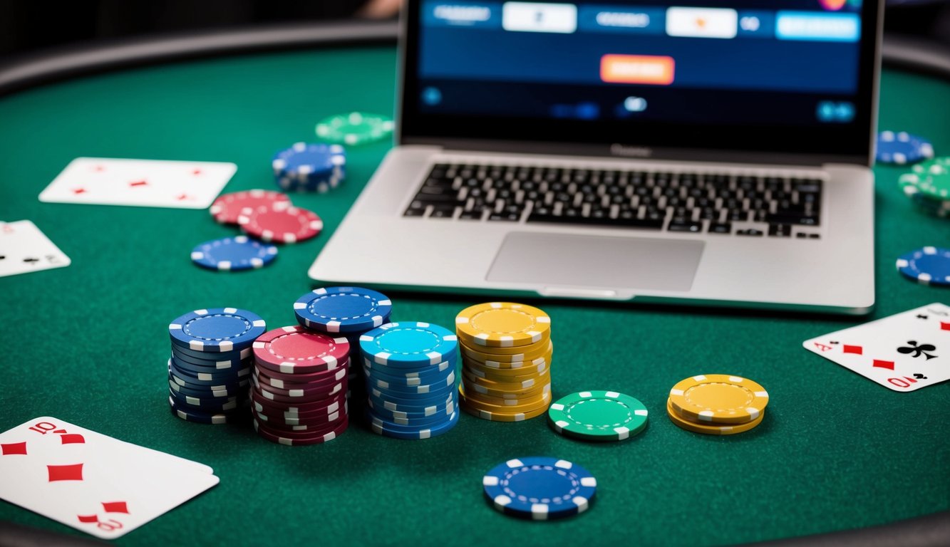 Sekelompok chip poker berwarna-warni disusun di atas meja felt hijau, dengan kartu-kartu tersebar di sekitarnya dan sebuah laptop ramping terbuka untuk permainan poker online.