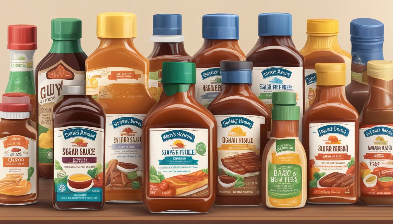 A bottle of Guy's Award Winning Sugar-Free BBQ Sauce surrounded by other sugar-free BBQ sauces on a table