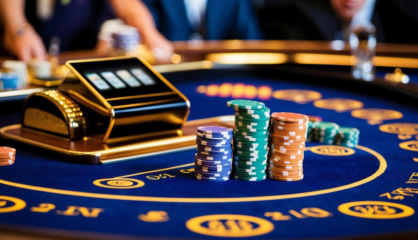 Sebuah meja baccarat yang mewah dengan mesin deposit yang berdetak dan tumpukan chip berwarna-warni