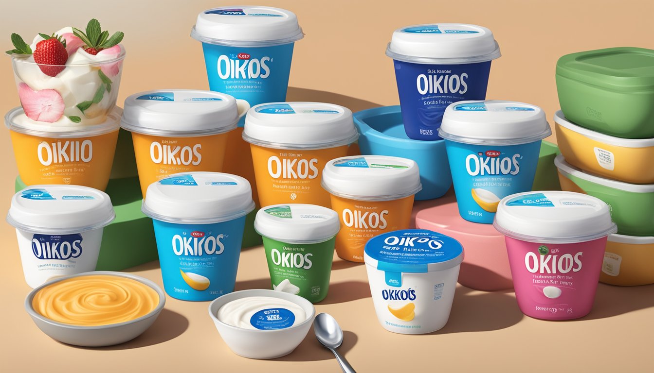 A bowl of Oikos Triple Zero Vanilla yogurt surrounded by five other low-sugar yogurt containers, with a spoon placed next to the bowl