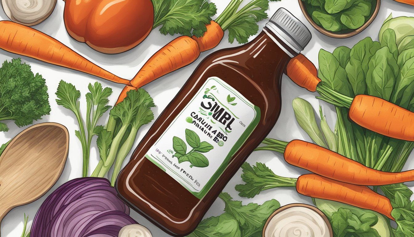 A bottle of Simple Girl Organic Carolina Kick BBQ Sauce surrounded by fresh, vibrant vegetables and herbs, with a label indicating it is sugar-free