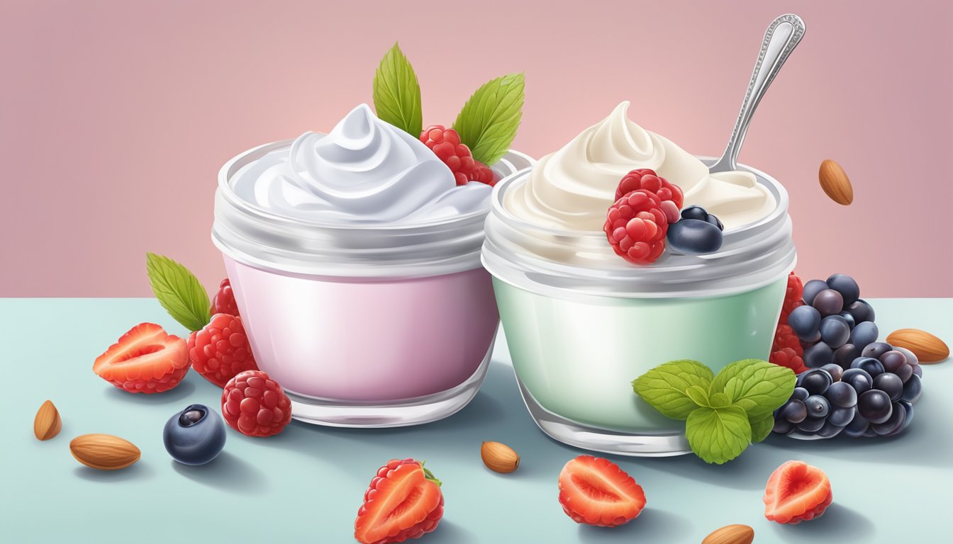 Two colorful containers of Greek yogurt surrounded by fresh berries and a sprinkling of nuts