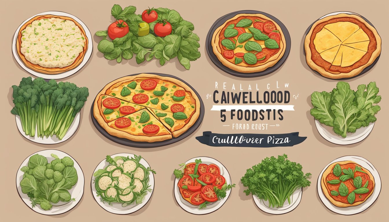 A variety of cauliflower crust pizzas displayed on a table, surrounded by fresh vegetables and herbs. A banner reads "Real Good Foods Cauliflower Crust: 5 best low-carb pizza crusts for diabetics."