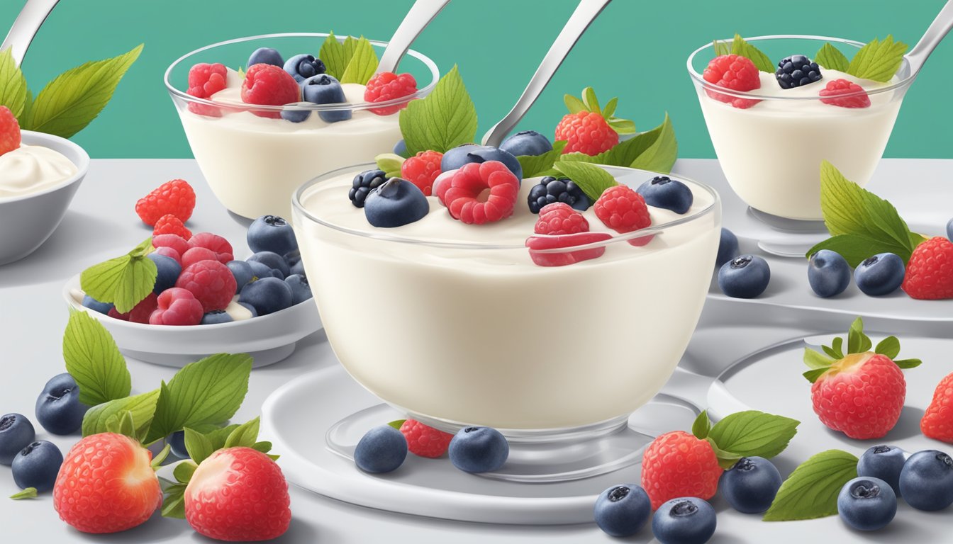 A table with 6 YQ by Yoplait Vanilla yogurts, surrounded by fresh berries and a spoon