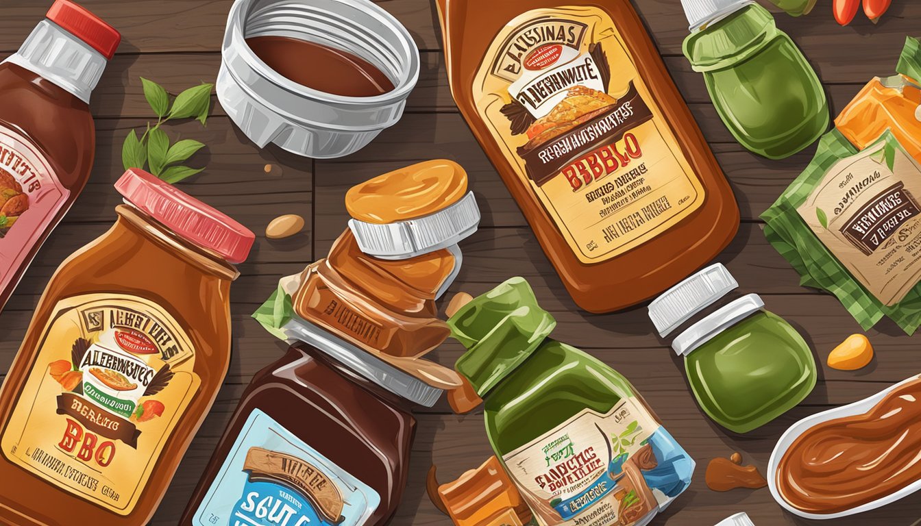 A bottle of AlternaSweets Classic BBQ Sauce surrounded by the 7 best sugar-free BBQ sauces for diabetics, arranged on a wooden table