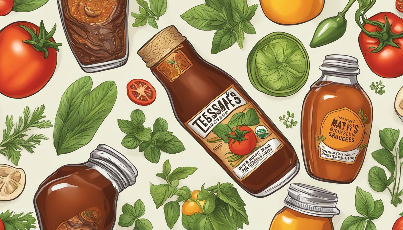 A bottle of Tessemae's Organic Matty's BBQ Sauce surrounded by fresh ingredients like tomatoes, peppers, and herbs