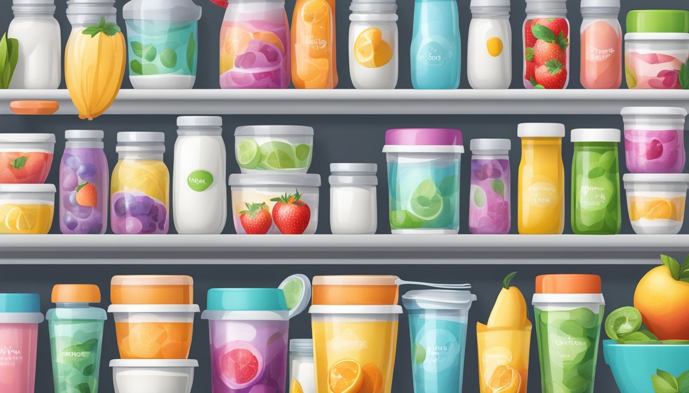 A colorful array of low-sugar yogurt containers arranged on a shelf, surrounded by fresh fruits and a measuring spoon