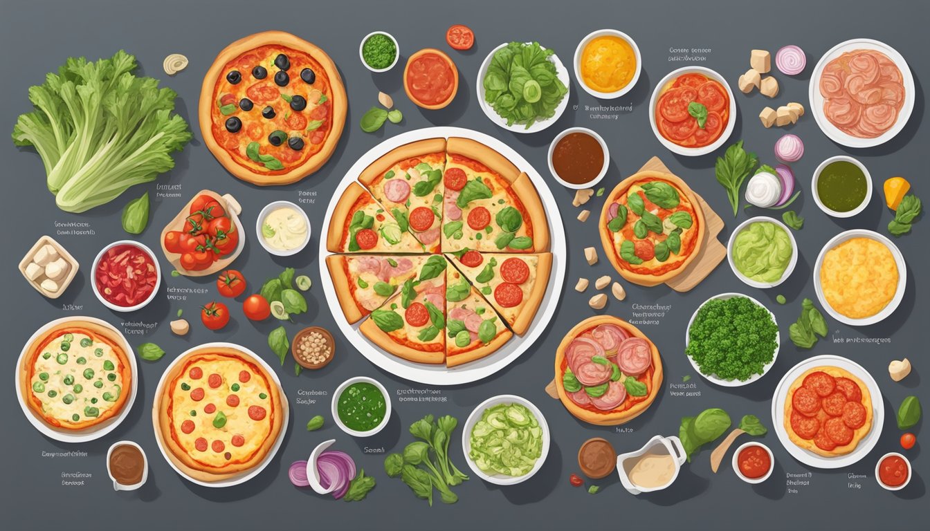 A table with five different types of low-carb pizza crusts, surrounded by various fresh and healthy toppings such as vegetables, lean meats, and low-sugar sauces