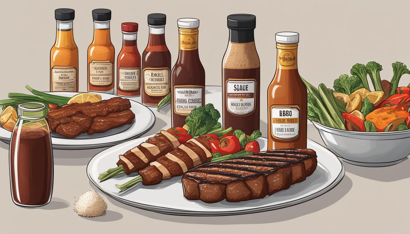 A table with 7 bottles of sugar-free BBQ sauce, each with a different label, surrounded by various grilled meats and vegetables