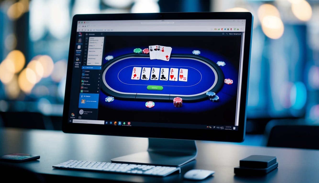 Sebuah layar komputer yang ramping dan modern menampilkan antarmuka permainan poker online yang hidup, dengan kartu dan chip tersebar di meja virtual.