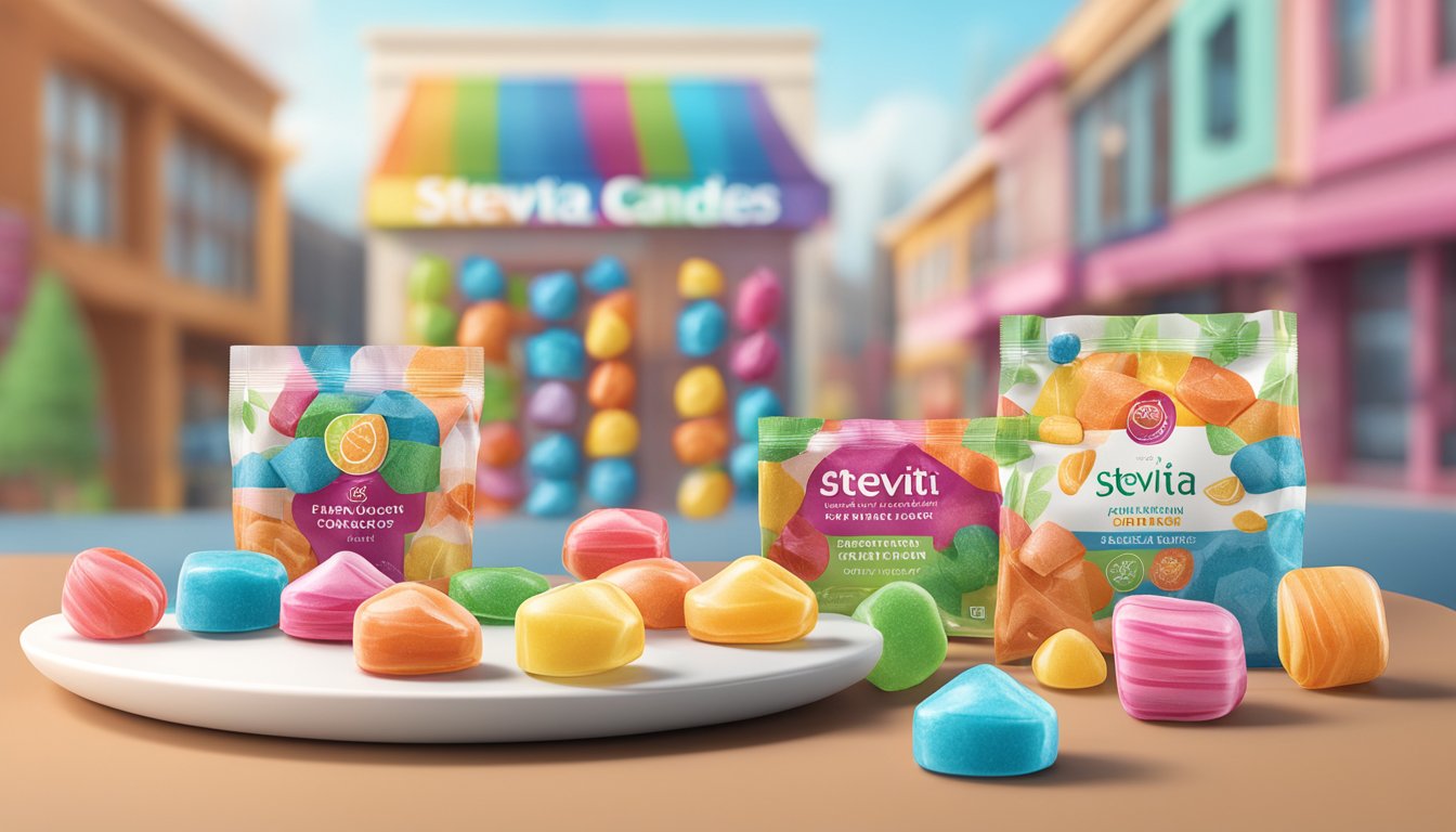 A colorful assortment of Stevita Naturally Sweetened Hard Candies arranged on a sleek, modern display