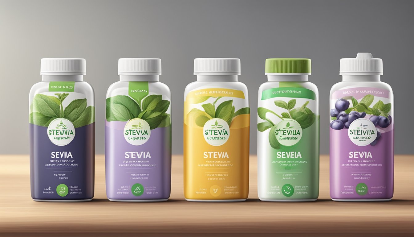 A collection of six different containers of low-glycemic index sweeteners, including stevia leaf extract, arranged neatly on a countertop