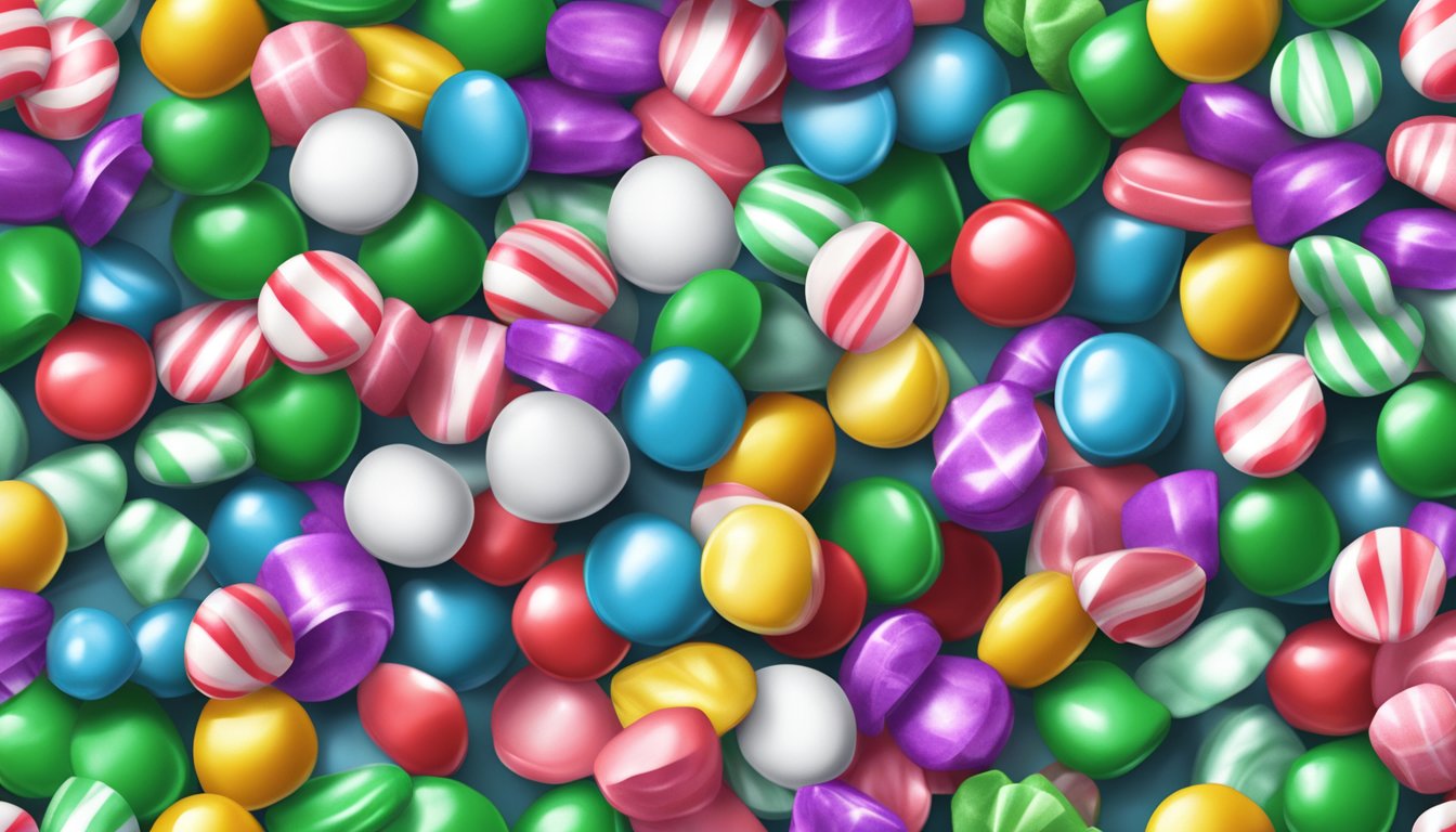 A colorful assortment of sugar-free peppermints spills out of a shiny, open bag