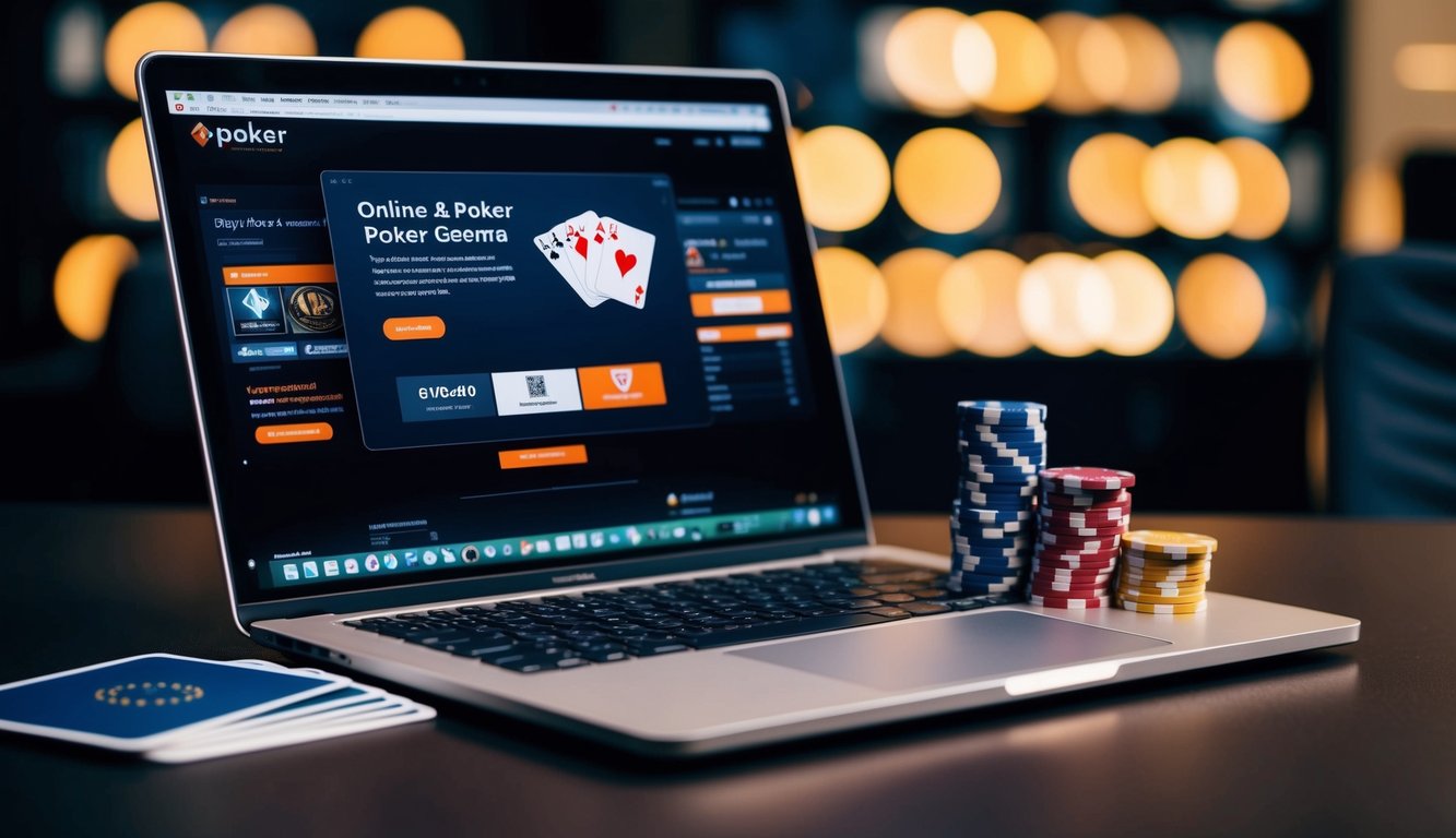 Sebuah laptop ramping dan modern yang menampilkan situs web poker online, dikelilingi oleh tumpukan chip poker dan setumpuk kartu.