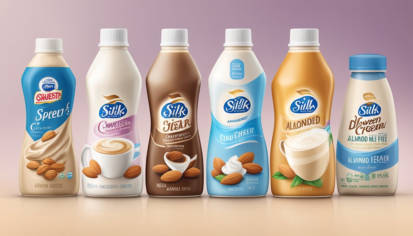 A bottle of Silk Unsweetened Almond Creamer surrounded by other sugar-free coffee creamer options for diabetics