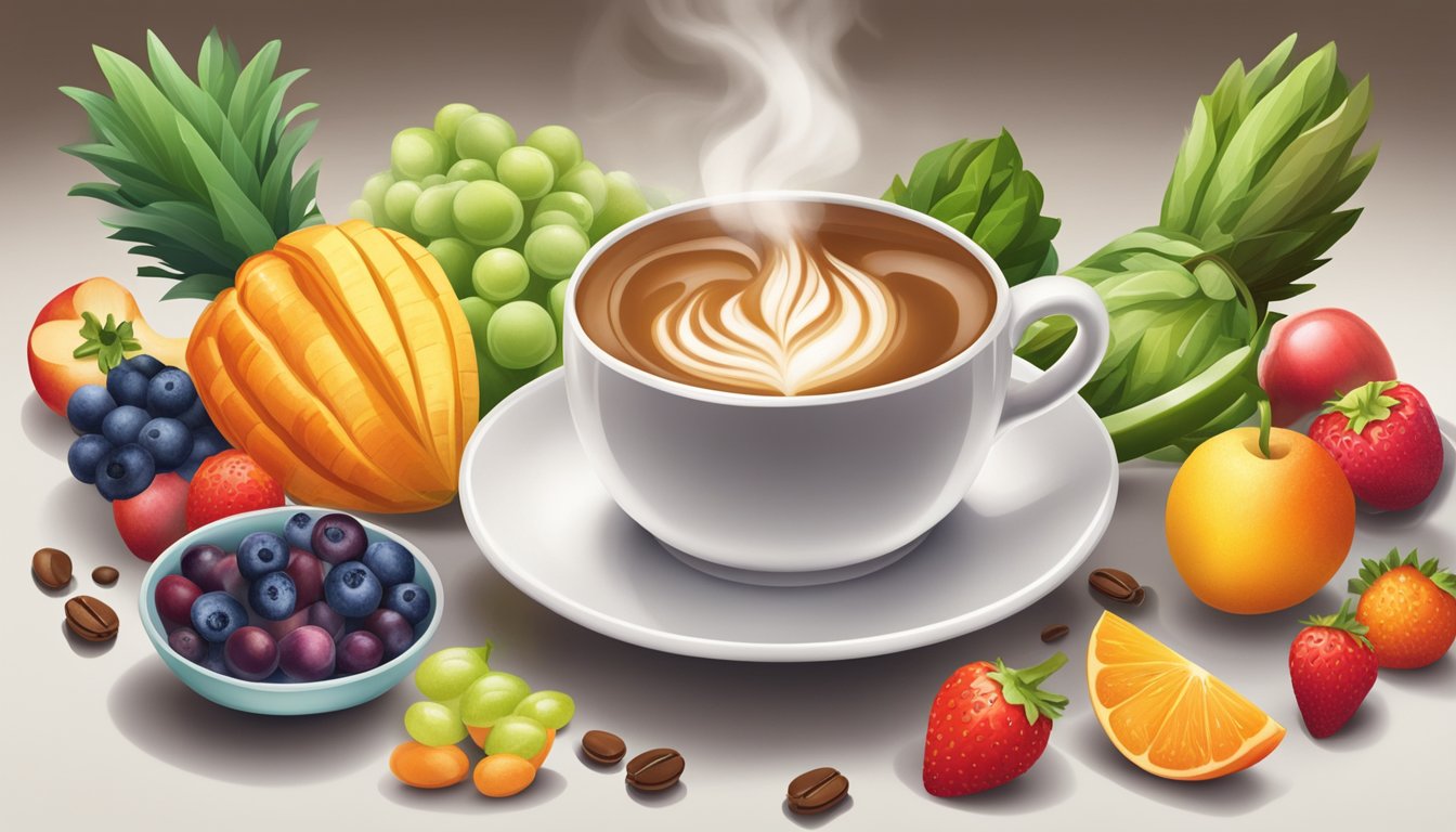 A steaming cup of coffee with sugar-free creamer surrounded by colorful fruits and vegetables